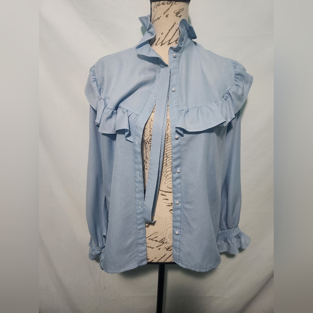 Vintage Light Blue Pat Fashions Ruffle Shirt w Long Sleeves and Neck Tie. Blouse